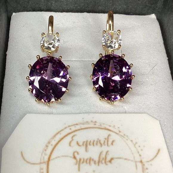 💜Elegant 10k Gold Vermeil Oval Cut Purple Amethyst Cz Diamond Hook Drop Earrings - Picture 7 of 16